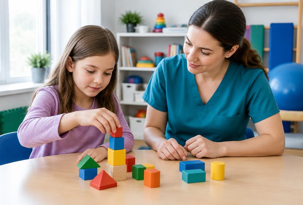 Cena ilustrativa de atividade infantil com terapeuta ocupacional