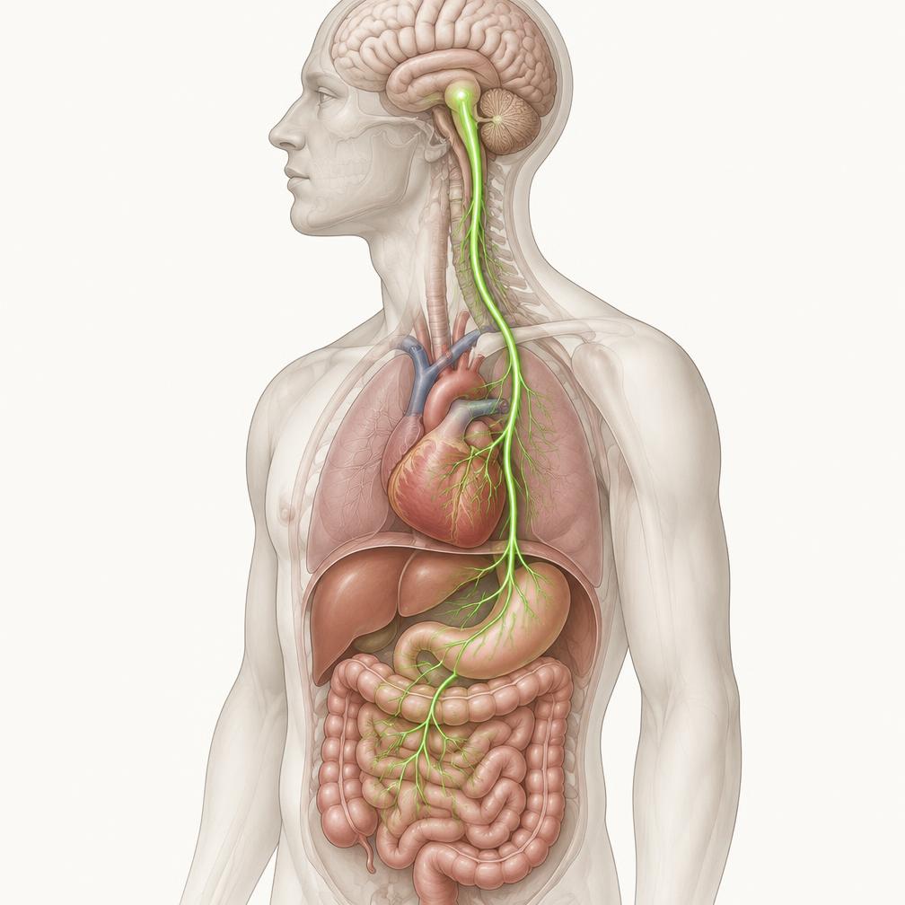 Ilustração do trajeto do nervo vago do tronco cerebral até coração e intestino